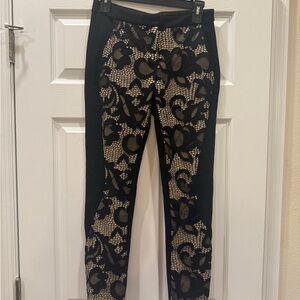 Diane Von Furstenberg Black Lace-Panel Ankle Pants with Beige Underlay